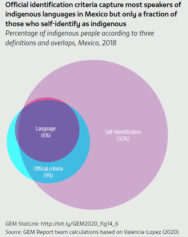 Official identification criteria capture most speakers of indigenous languages in Mexico but only a fraction of those who self-identify as indigenous